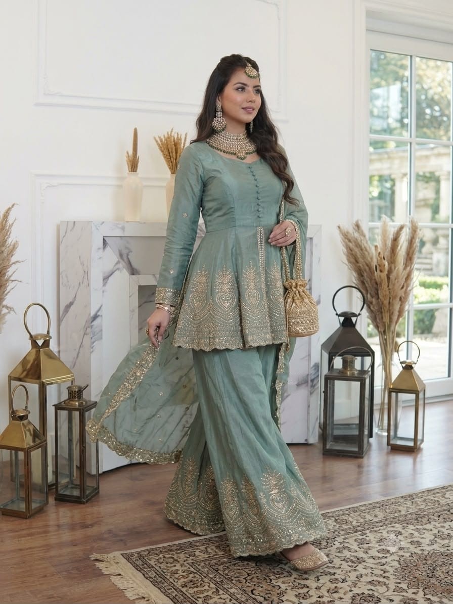 Green Fendy Silk Real Mirror Embroidery Sequence Work Salwar Set